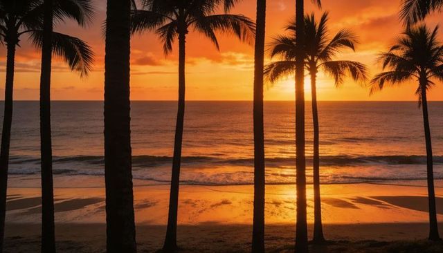 Golden tropical sunset through silhouetted palm trees over reflective ocean beach horizon