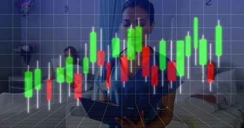 Nurse Reviewing Clinical Data with Candlestick Chart Overlay for Healthcare Analytics