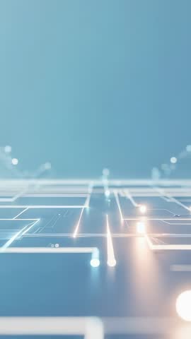 Vertical tech video: glowing nodes sending light pulses across futuristic circuit plane