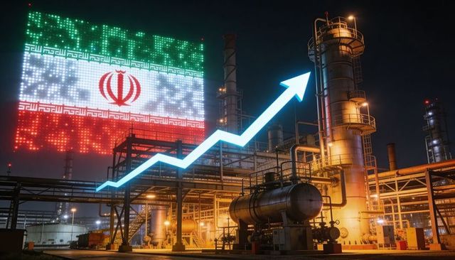 Iran oil refinery night energy growth arrow with led flag display