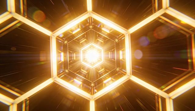 Glowing hexagonal tunnel drawing viewer toward bright core with golden reflective panels