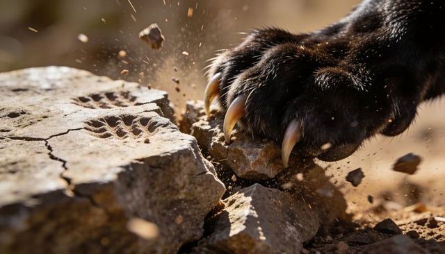 Black feline paw crushing cracked rock, yellow curved claws kicking up desert dust