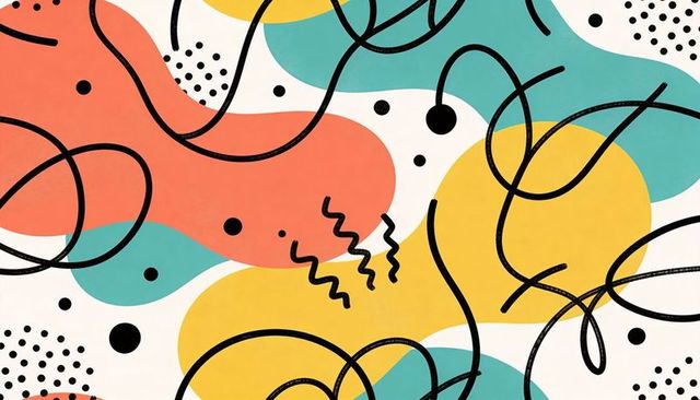 Midcentury Abstract Pattern Featuring Coral Teal Mustard Organic Blobs and Black Scribbles