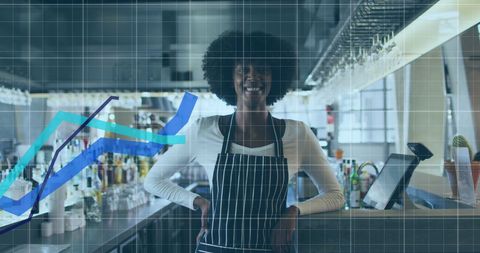Confident Female Bartender with Business Growth Charts