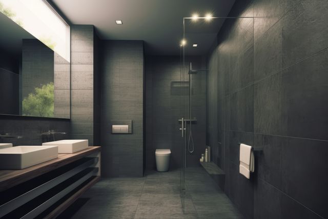 Modern chic bathroom featuring dark tiling, glass shower, and sleek fixtures. Ideal for articles on home decor, luxury living, and bathroom design inspiration.