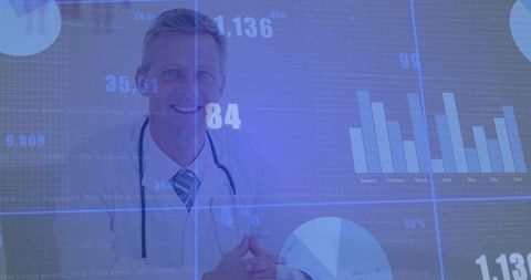 Smiling doctor with digital charts demonstrates medical analytics