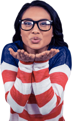 Asian Woman in Striped Sweater Blowing Kiss Transparent Background
