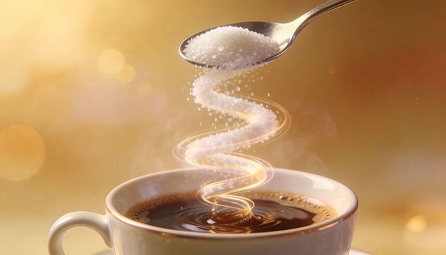 Sprinkling sugar spiraling into coffee cup, creating golden vortex and luminous steam