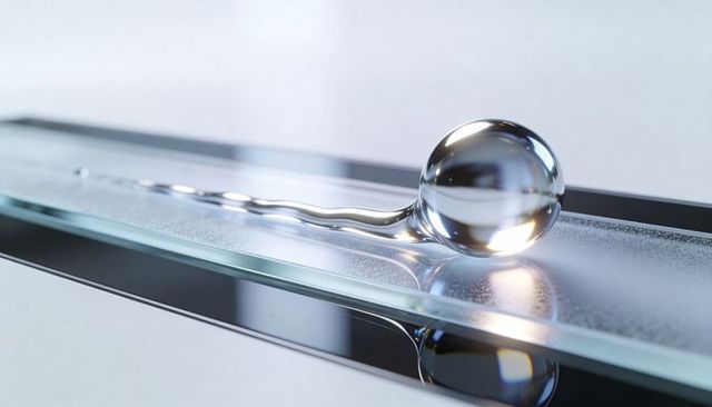 Liquid metal droplet resting on narrow glass strip reflecting studio lights with wavy tail