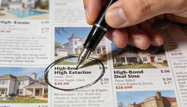 Hand circling real estate listing with fountain pen closeup showing circled property ad