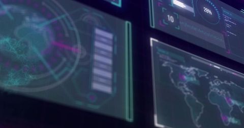 Displaying holographic HUD dashboards with 3D globe analytics and neon cyber interfaces