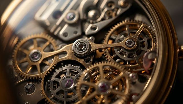 Revealing mechanical watch movement showing golden gears, jeweled escapement and cogs