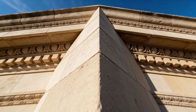 Chamfered stone corner rising to ornate cornice showing ashlar blocks and frieze