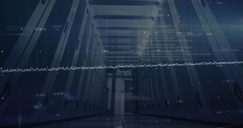 Futuristic data center corridor with floating data points