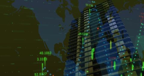 Digital Financial Data Steaming Over Modern Skyline