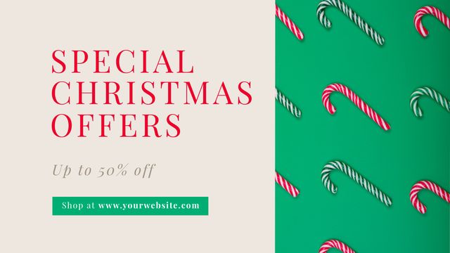 Horizontal image of red christmas offers text on white, with candy canes on green. Christmas, business, seasonal greetings, online shopping and celebration concept digitally generated image.