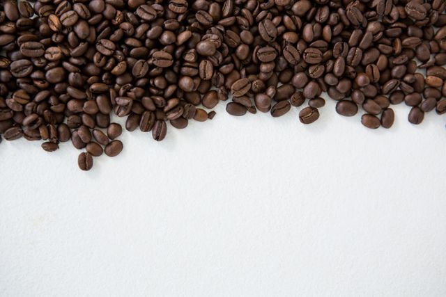 Roasted coffee beans spread on a white background, showcasing their rich brown color and texture. Ideal for use in coffee shop promotions, food and beverage advertisements, or as a background for coffee-related content.