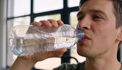 Man drinking water from clear plastic bottle by window natural light hydration lifestyle