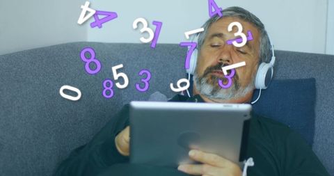 Senior Man Relaxing with Tablet and Headphones Amid Floating Numbers
