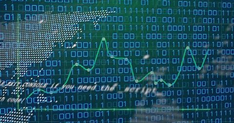 Displaying Binary Code and Neon Line Chart on Transparent Financial Dashboard for Trading