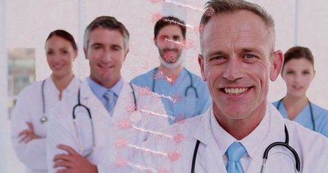 Group of Confident Doctors with DNA Helix Overlay