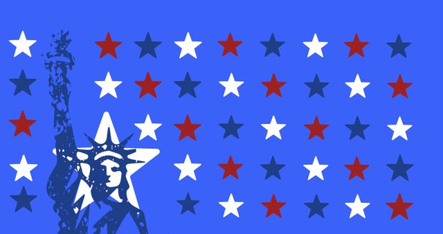 Illustrative image of statue of liberty with red, blue and white star shapes over blue background. Copy space, vector, monument, patriotism, freedom and celebration concept.