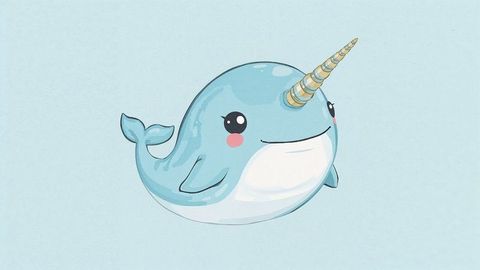 Adorable narwhal gliding with golden spiral tusk