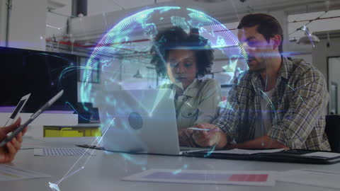 Team Analyzing Digital Data with Holographic Globe Interface