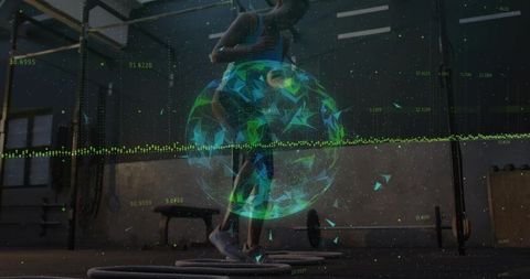 Female athlete performing agility ladder drill wearing tank and shorts with holographic overlay