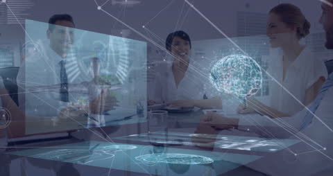 Futuristic Business Meeting with Medical Data Visualization