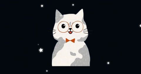 Whimsical gray and white cat wearing orange glasses and bow tie against starry night