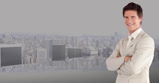 Confident businessman standing with arms crossed against a cityscape background. Ideal for use in corporate presentations, business websites, marketing materials, and advertisements promoting leadership, success, and professionalism.