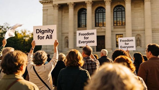 Holding placards for dignity and freedom on courthouse steps at golden hour