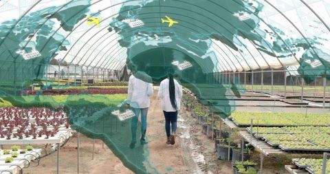 Scientist Technicians Surveying Greenhouse Plants with Global Map Overlay