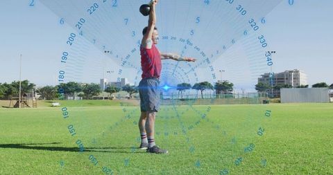 Kettlebell overhead press outdoors with augmented reality hud tracking performance metrics