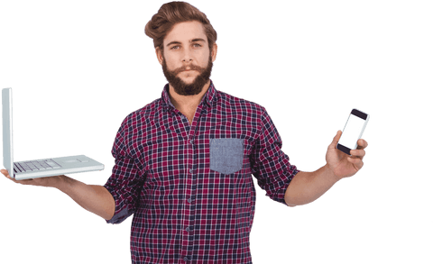 Serious Hipster Holding Smartphone and Laptop with Transparent Background