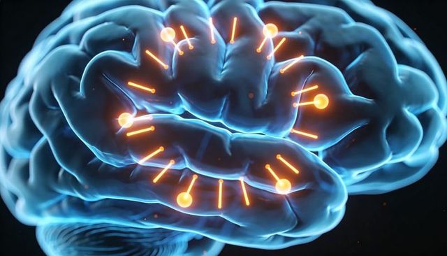 Glowing Neural Circuitry in Blue Brain Cortex with Orange Synaptic Activation Nodes
