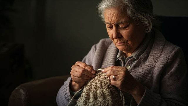Senior woman crocheting cozy wool sweater in warm low light, hands working with beige yarn