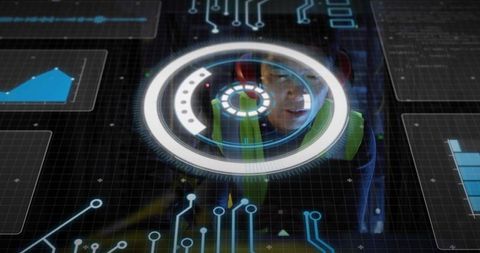 Korean Engineer Monitoring Futuristic Holographic Interface