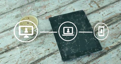 Digital Networking Icons Over Tablet and Coffee on Wood