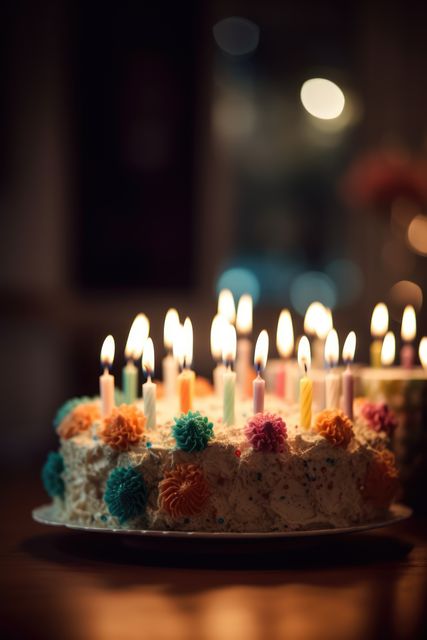 Close-up of Birthday Cake with Lit Candles in Dim Lighting - Download Free Stock Images Pikwizard.com