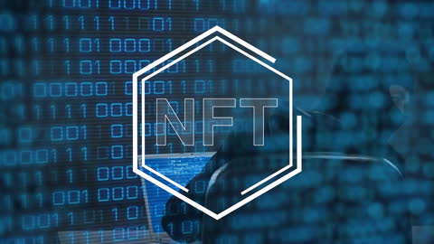 Crypto Hacker and NFT Symbol with Binary Code Background