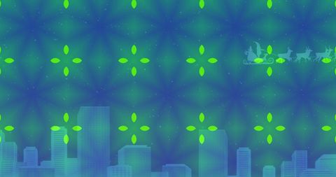 Santa's Sleigh Flying Over Festive City Skyline with Green Ornaments - Download Free Stock Images Pikwizard.com