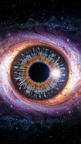 Opening cosmic vortex eye rotating with orbiting white orb and nebula filaments vertical video