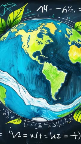 Vertical chalk globe rotating on chalkboard with sustainability ribbon and equations
