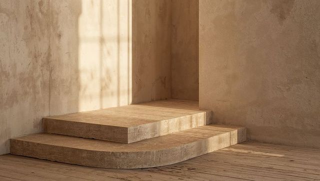 Sunlit two-step stone platform with textured plaster walls and wooden floor