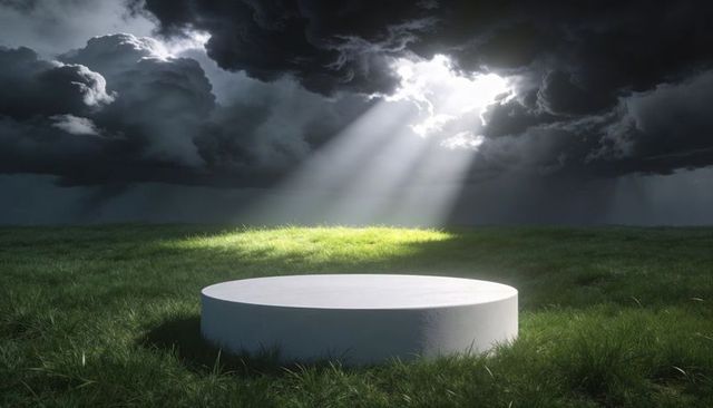 Round white podium on grassy meadow under stormy sky, cinematic sunbeams piercing clouds