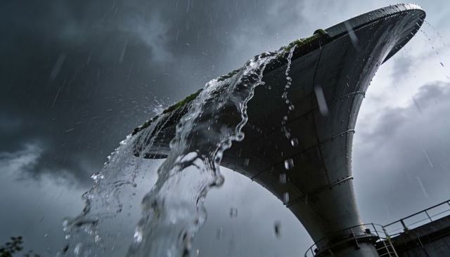 Stormy reservoir pouring water over mossy inverted-cone spillway with dramatic rain, rail