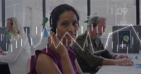 Smiling call center agent with data overlay concept