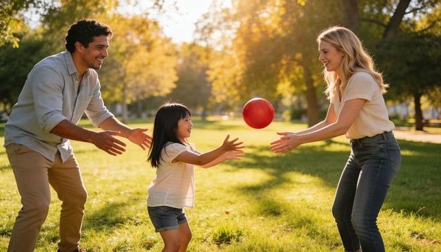 Family tossing red ball in sunlit park during golden hour, parents playing with child, smiling